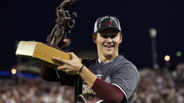 OMAHA, NEBRASKA - JUNE 30: Will Bednar #24 of the Mississippi St. celebrates after being named series MVP after Mississippi St. beat Vanderbilt 9-0 during game three of the College World Series Championship at TD Ameritrade Park Omaha on June 30, 2021 in Omaha, Nebraska. (Photo by Sean M. Haffey/Getty Images)