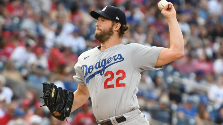 Clayton Kershaw of the Los Angeles Dodgers pitches during a baseball game against the Washington Nationals at Nationals Park.