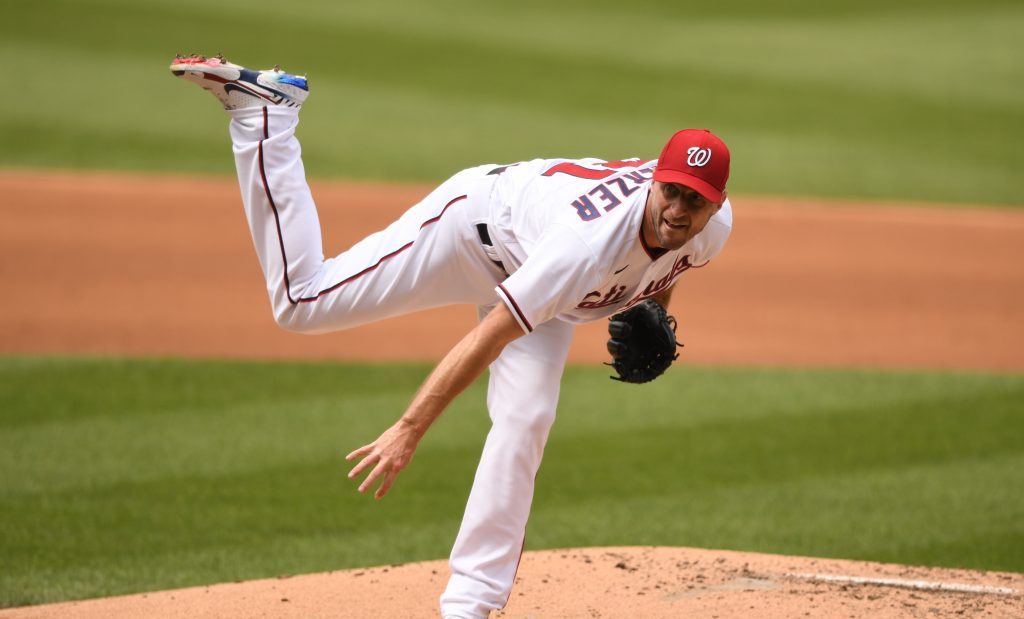 Max Scherzer of the Washington Nationals pitches during a baseball game the San Diego Padres at Nationals Park.