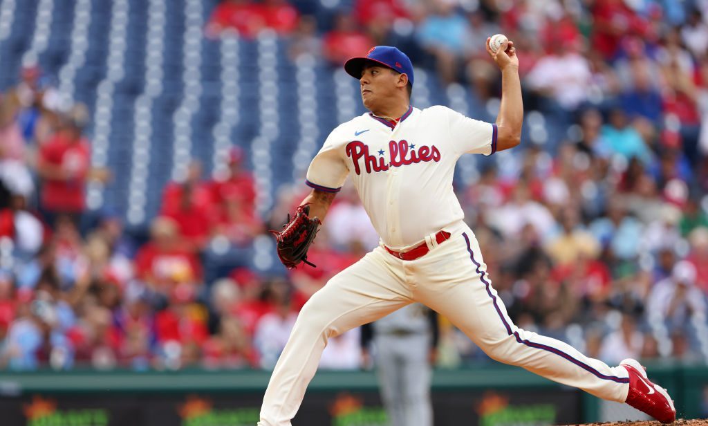 Ranger Suarez of the Philadelphia Phillies in action against the Pittsburgh Pirates during a game at Citizens Bank Park.