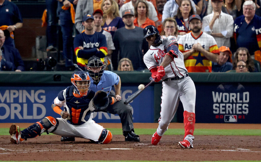 HOUSTON, TEXAS - NOVEMBER 02: Jorge Soler #12 of the Atlanta Braves hits a three run home run against the Houston Astros during the third inning in Game Six of the World Series at Minute Maid Park on November 02, 2021 in Houston, Texas. (Photo by Tom Pennington/Getty Images)