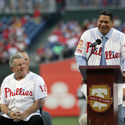 Former Philadelphia Phillie Bobby Abreu speaks, as former manager Larry Bowa looks on, during his induction ceremony onto the Phillies Wall of Fame before a game against the Chicago White Sox at Citizens Bank Park.