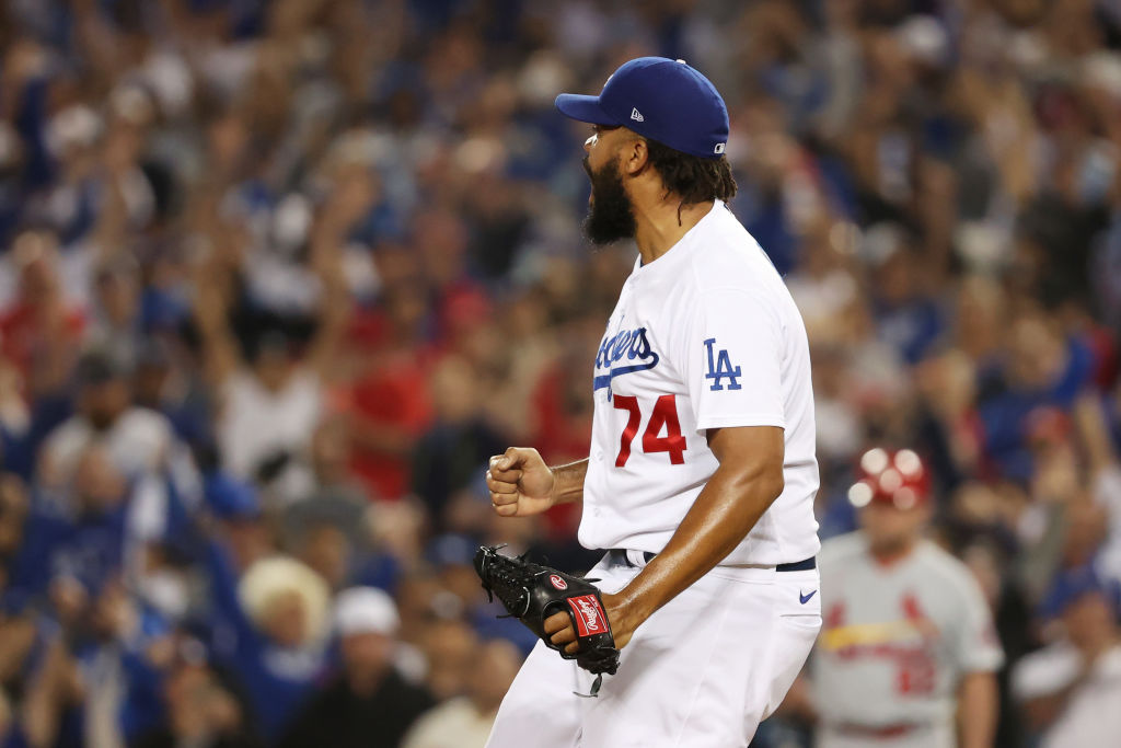 LOS ANGELES, CALIFORNIA - OCTOBER 06: Kenley Jansen #74 of the Los Angeles Dodgers reacts at the end of the top of the ninth inning against the St. Louis Cardinals during the National League Wild Card Game at Dodger Stadium on October 06, 2021 in Los Angeles, California. (Photo by Sean M. Haffey/Getty Images)