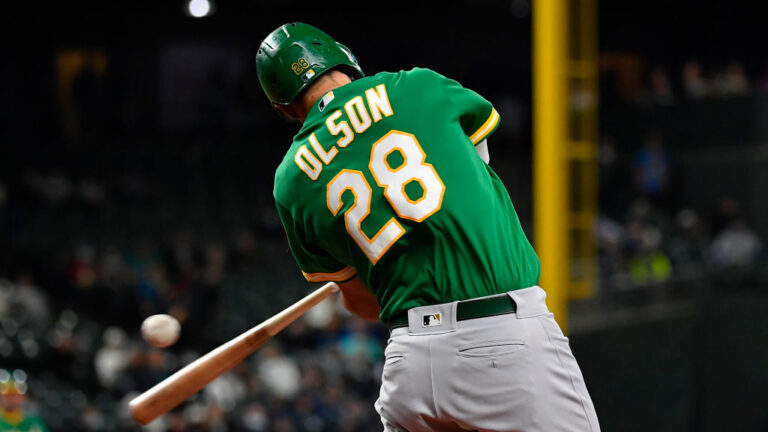 SEATTLE, WASHINGTON - SEPTEMBER 29: Matt Olson #28 of the Oakland Athletics swings at a pitch during the first inning against the Seattle Mariners at T-Mobile Park on September 29, 2021 in Seattle, Washington. (Photo by Alika Jenner/Getty Images)