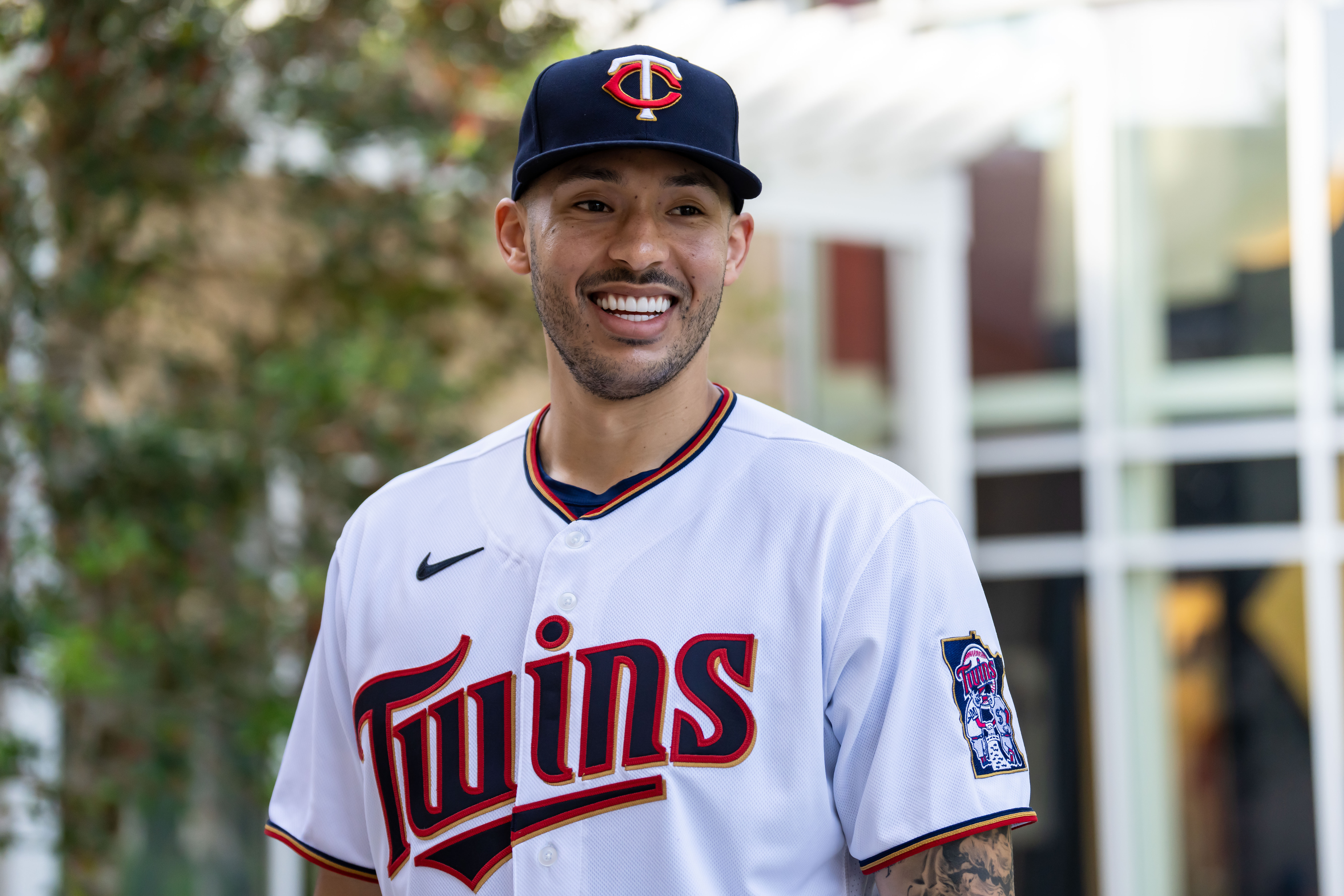 Carlos Correa of the Minnesota Twins looks on following an introductory press conference at Hammond Stadium.