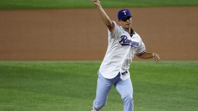 The Texas Rangers 2021 top draft pick Jack Leiter throws out a ceremonial first pitch before the Rangers play the Arizona Diamondbacks at Globe Life Field.