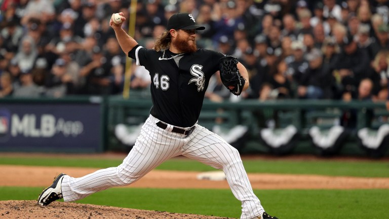 Craig Kimbrel of the Chicago White Sox pitches during the 8th inning of Game 4 of the American League Division Series against the Houston Astros at Guaranteed Rate Field.