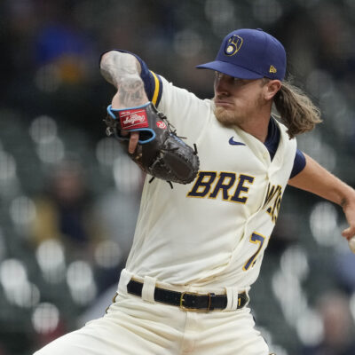Josh Hader of the Milwaukee Brewers pitches against the Pittsburgh Pirates in the ninth inning at American Family Field.
