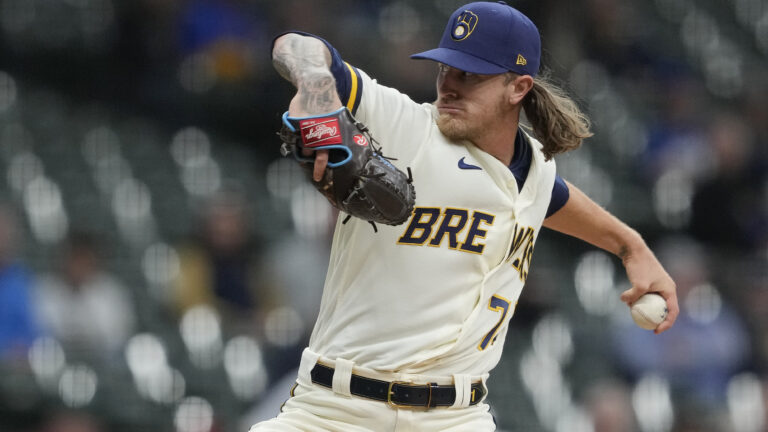 Josh Hader of the Milwaukee Brewers pitches against the Pittsburgh Pirates in the ninth inning at American Family Field.