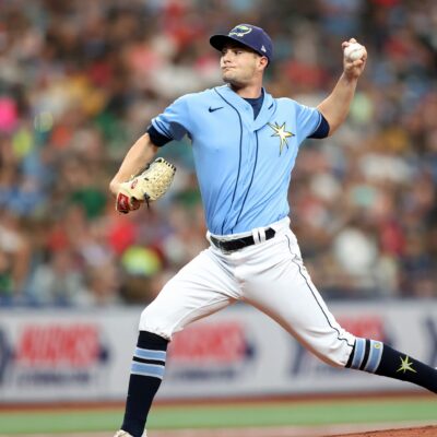 Shane McClanahan #18 of the Tampa Bay Rays throws against the Boston Red Sox during the first inning in a baseball game at Tropicana Field.