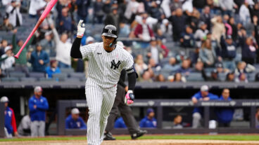 Gleyber Torres of the New York Yankees celebrates after hitting a walk off home run to defeat the Texas Rangers at Yankee Stadium.