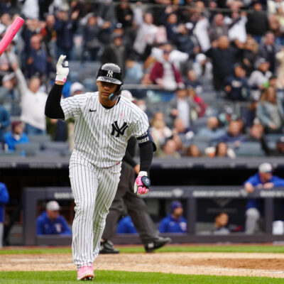 Gleyber Torres of the New York Yankees celebrates after hitting a walk off home run to defeat the Texas Rangers at Yankee Stadium.