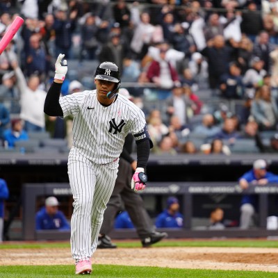 Gleyber Torres of the New York Yankees celebrates after hitting a walk off home run to defeat the Texas Rangers at Yankee Stadium.