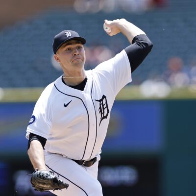 Detroit Tigers starting pitcher Tarik Skubal delivers a pitch during game one of an MLB doubleheader against the Oakland Athletics on May 10, 2022 at Comerica Park.