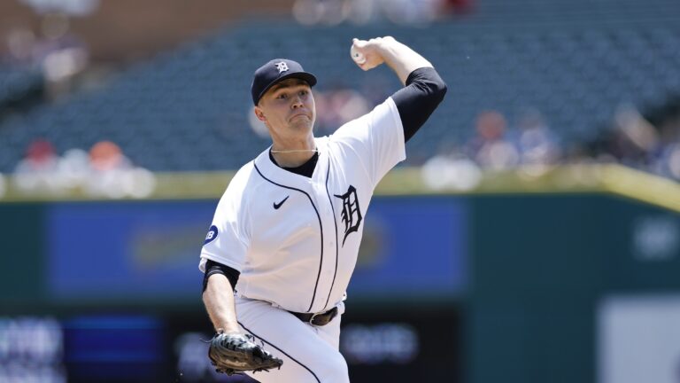 Detroit Tigers starting pitcher Tarik Skubal delivers a pitch during game one of an MLB doubleheader against the Oakland Athletics on May 10, 2022 at Comerica Park.