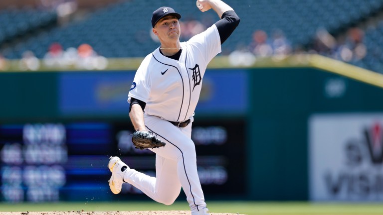 Detroit Tigers starting pitcher Tarik Skubal delivers a pitch during game one of an MLB doubleheader against the Oakland Athletics on May 10, 2022 at Comerica Park.