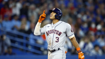 Jeremy Pena of the Houston Astros hits a 3 run home run in the sixth inning during a MLB game against the Toronto Blue Jays at Rogers Centre.