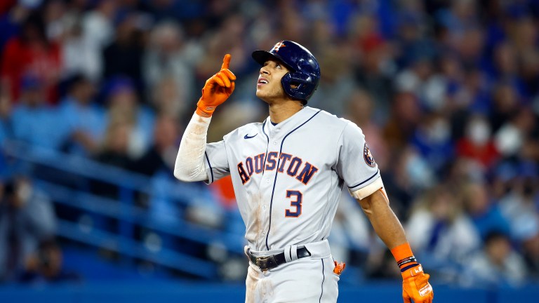 Jeremy Pena of the Houston Astros hits a 3 run home run in the sixth inning during a MLB game against the Toronto Blue Jays at Rogers Centre.