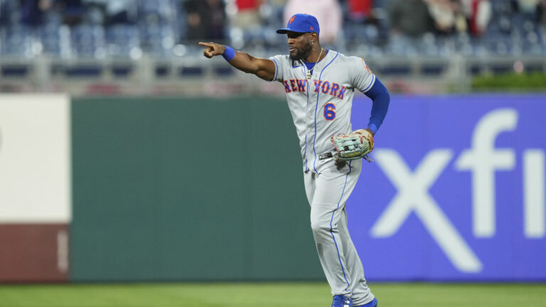 Starling Marte of the New York Mets reacts after defeating the Philadelphia Phillies at Citizens Bank Park.
