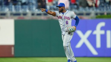 Starling Marte of the New York Mets reacts after defeating the Philadelphia Phillies at Citizens Bank Park.