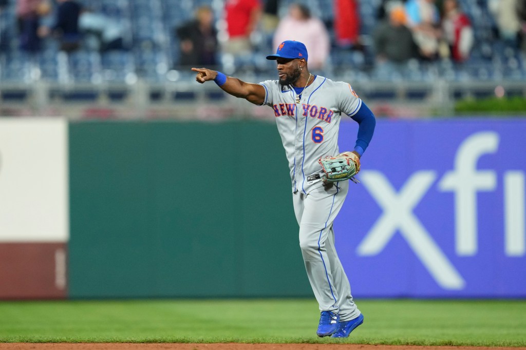 Starling Marte of the New York Mets reacts after defeating the Philadelphia Phillies at Citizens Bank Park.
