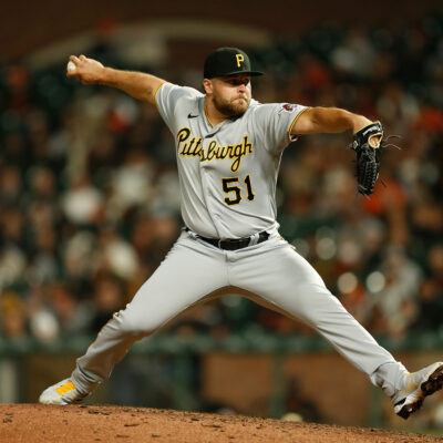 David Bednar #51 of the Pittsburgh Pirates pitches against the San Francisco Giants at Oracle Park.