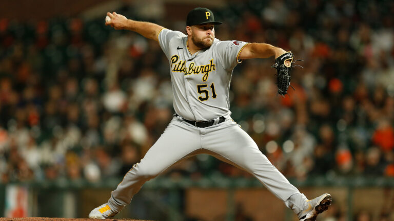 David Bednar #51 of the Pittsburgh Pirates pitches against the San Francisco Giants at Oracle Park.