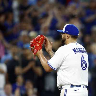 Alek Manoah of the Toronto Blue Jays leaves the game in the eighth inning during a MLB game against the Chicago White Sox at Rogers Centre.