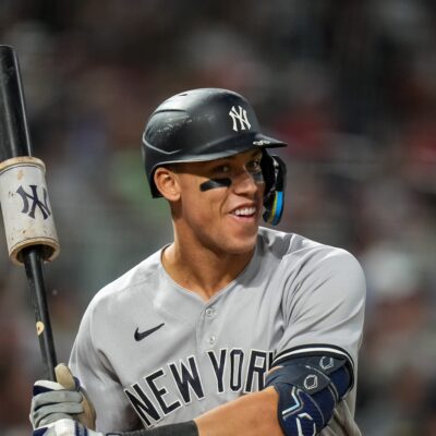 Corner outfielder Aaron Judge of the New York Yankees looks on against the Minnesota Twins.