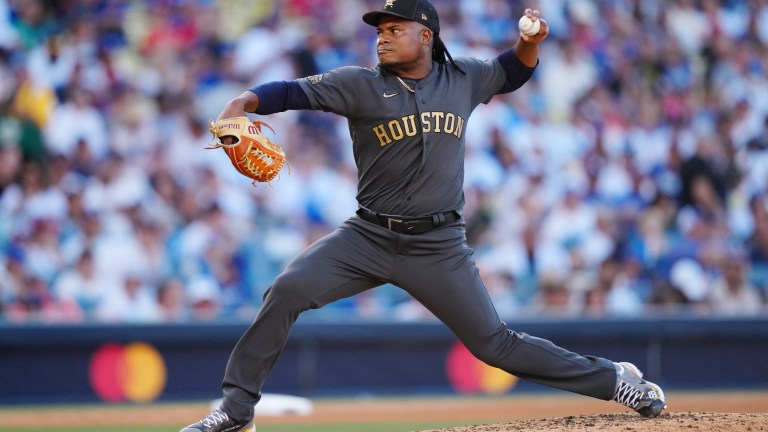 Framber Valdez of the Houston Astros pitches during the 92nd MLB All-Star Game presented by Mastercard at Dodger Stadium.