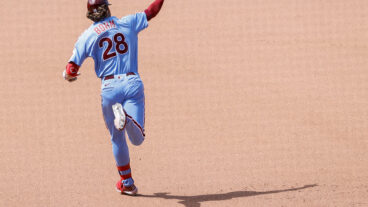Alec Bohm #28 of the Philadelphia Phillies celebrates hitting a one run home run during the seventh inning at Citizens Bank Park.
