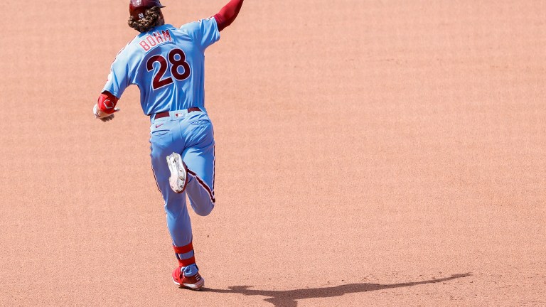 Alec Bohm #28 of the Philadelphia Phillies celebrates hitting a one run home run during the seventh inning at Citizens Bank Park.