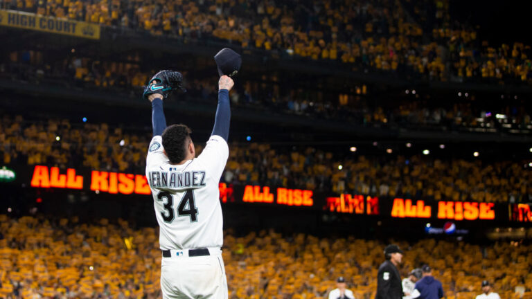 SEATTLE, WA - SEPTEMBER 26: Felix Hernandez #34 of the Seattle Mariners acknowledges cheering fans as he is taken out of the game during his last game with the Seattle Mariners in the sixth inning against the Oakland Athletics at T-Mobile Park on September 26, 2019 in Seattle, Washington. (Photo by Lindsey Wasson/Getty Images)