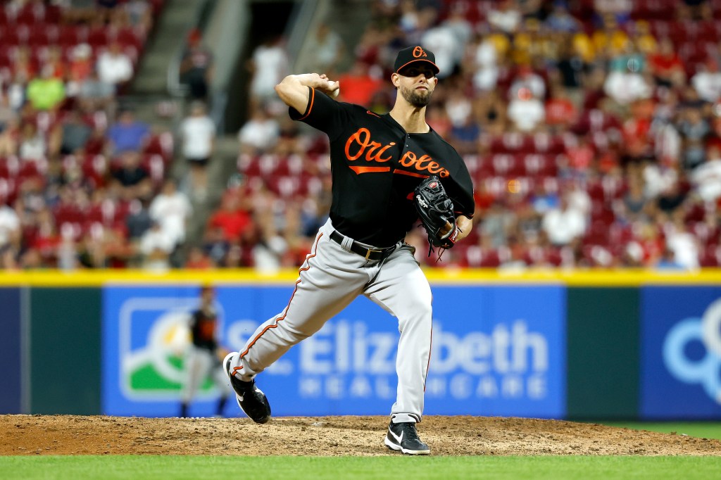 Jorge Lopez of the Baltimore Orioles pitches during the game against the Cincinnati Reds at Great American Ball Park.