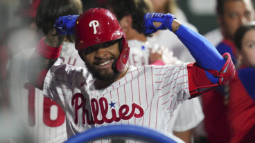 Edmundo Sosa of the Philadelphia Phillies celebrates his two-run home run in the bottom of the third inning against the Miami Marlins at Citizens Bank Park.