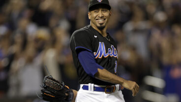 Edwin Diaz #39 of the New York Mets reacts after defeating the Pittsburgh Pirates at Citi Field on September 16, 2022.