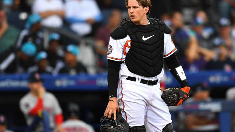 Adley Rutschman of the Baltimore Orioles looks on during the game against the Boston Red Sox at Bowman Field.