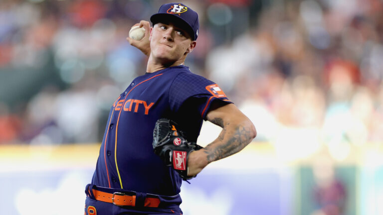 Hunter Brown of the Houston Astros delivers during the first inning against the Texas Rangers at Minute Maid Park.