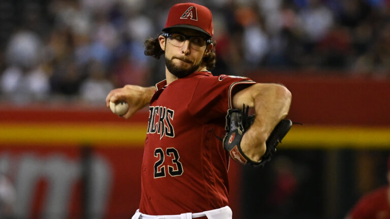 Zac Gallen #23 of the Arizona Diamondbacks delivers a pitch against the Milwaukee Brewers at Chase Field.