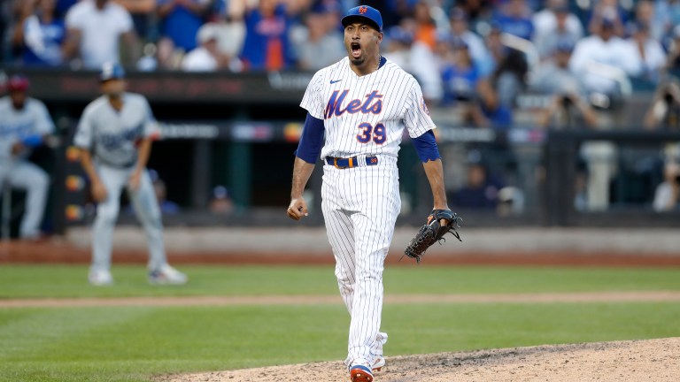 Edwin Diaz of the New York Mets reacts after the eighth inning against the Los Angeles Dodgers at Citi Field.