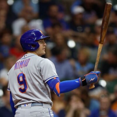 Brandon Nimmo of the New York Mets up to bat against the Milwaukee Brewers at American Family Field.