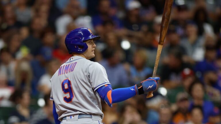 Brandon Nimmo of the New York Mets up to bat against the Milwaukee Brewers at American Family Field.