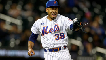 Edwin Diaz #39 of the New York Mets celebrates the final out during game one of a double header against the Washington Nationals at Citi Field on October 04, 2022 in the Flushing neighborhood of the Queens borough of New York City.