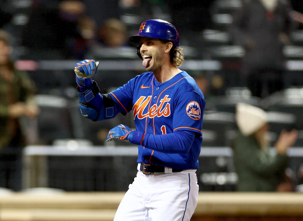 Jeff McNeil of the New York Mets reacts after he hit a solo home run in the first inning against the Washington Nationals during game two of a double header at Citi Field.