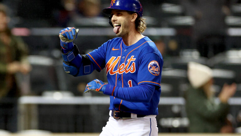 Jeff McNeil of the New York Mets reacts after he hit a solo home run in the first inning against the Washington Nationals during game two of a double header at Citi Field.