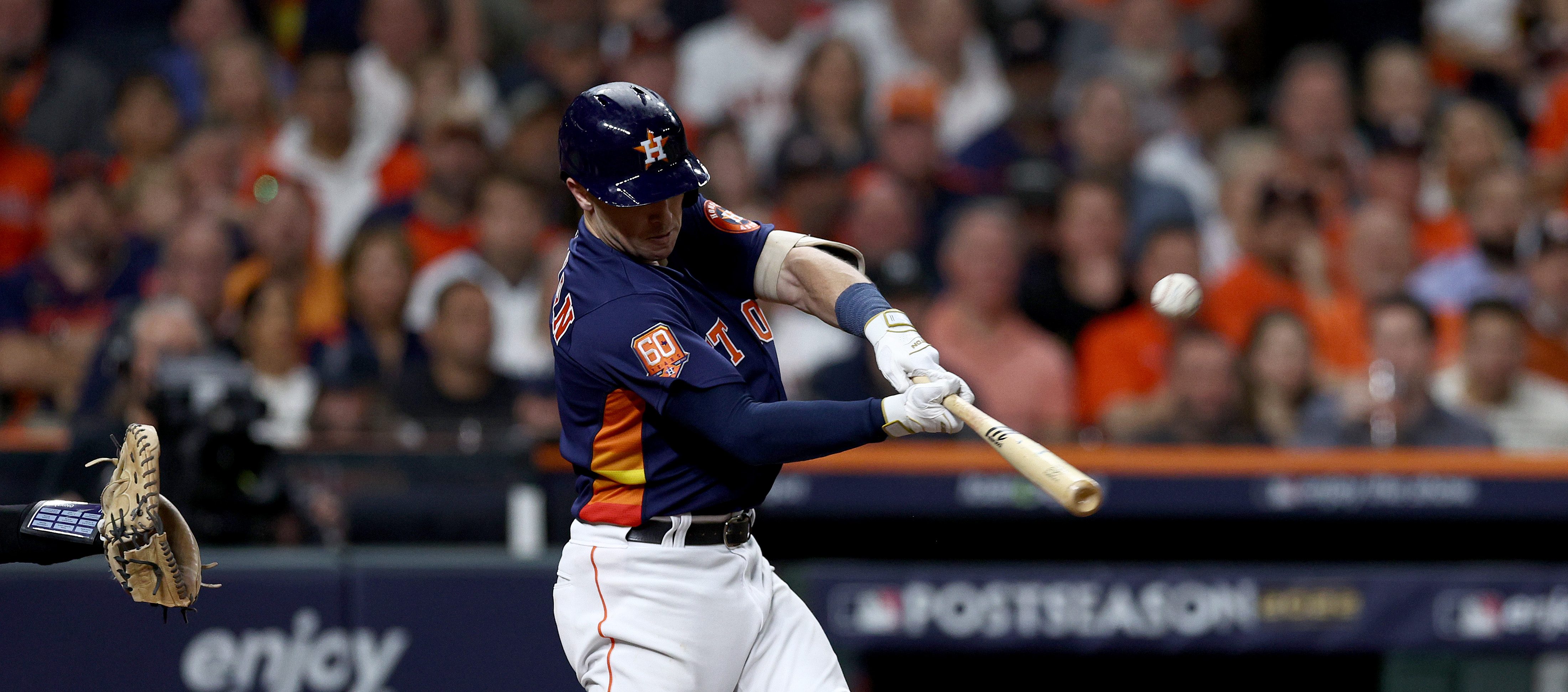 Alex Bregman #2 of the Houston Astros hits a three-run home run against the New York Yankees during the third inning in game two of the American League Championship Series at Minute Maid Park on October 20, 2022 in Houston, Texas.