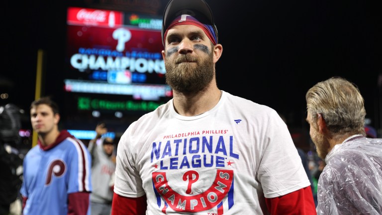 Bryce Harper of the Philadelphia Phillies celebrates after defeating the San Diego Padres in game five to win the National League Championship Series at Citizens Bank Park.