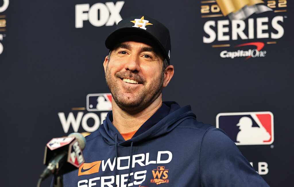 Justin Verlander #35 of the Houston Astros during a press conference ahead of Game One of the World Series between the Houston Astros and Philadelphia Phillies at Minute Maid Park.