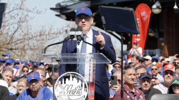 New York Mets owner Steven A. Cohen speaks at the Tom Seaver statue unveiling ceremony before a game against the Arizona Diamondbacks at Citi Field on April 15, 2022 in New York City. All players are wearing #42 in honor of Jackie Robinson Day. The Mets defeated the Diamondbacks 10-3.