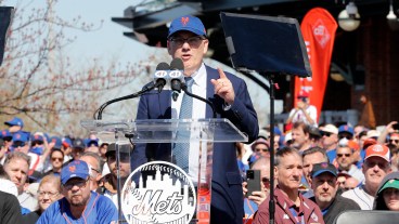 New York Mets owner Steven A. Cohen speaks at the Tom Seaver statue unveiling ceremony before a game against the Arizona Diamondbacks at Citi Field on April 15, 2022 in New York City. All players are wearing #42 in honor of Jackie Robinson Day. The Mets defeated the Diamondbacks 10-3.